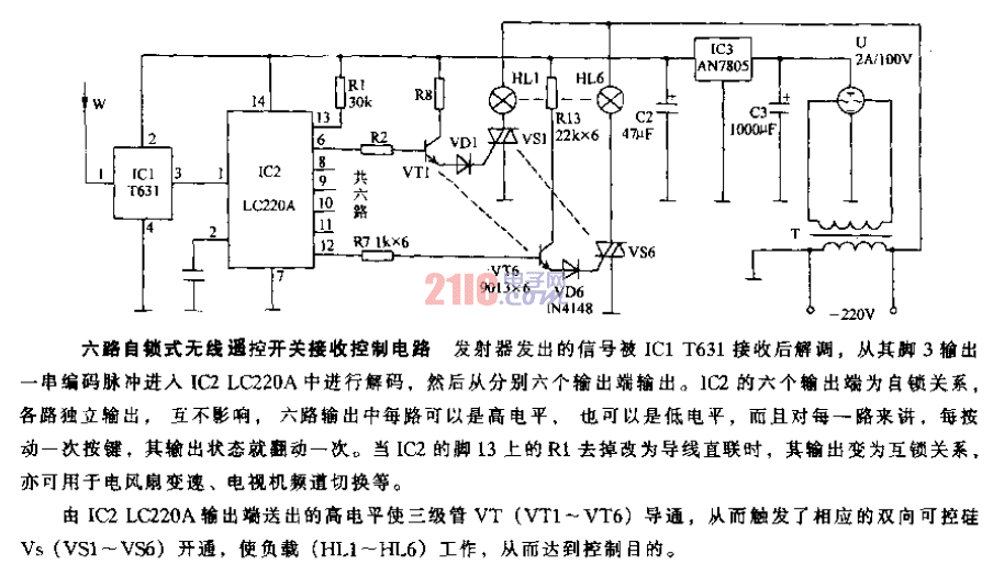 六路自鎖式無線遙控開關(guān)接收控制電路.gif