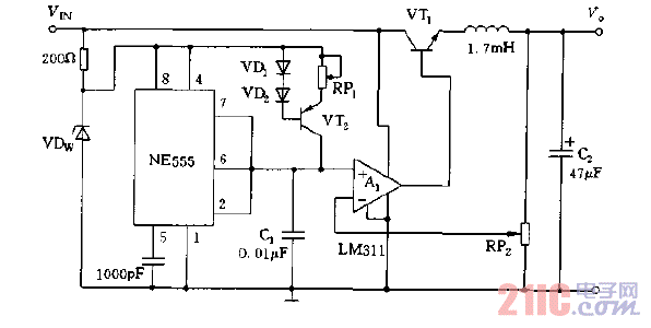 NE555構(gòu)成的脈寬調(diào)制式開關(guān)穩(wěn)壓電源電路圖.gif