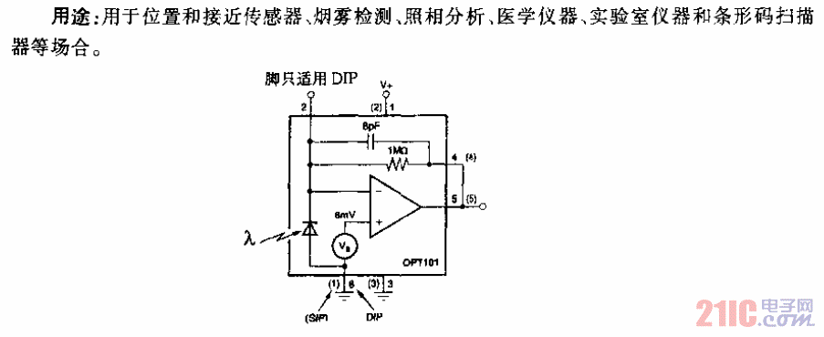 光傳感器OPT101型集成光二極管和單電源放大器電路.gif
