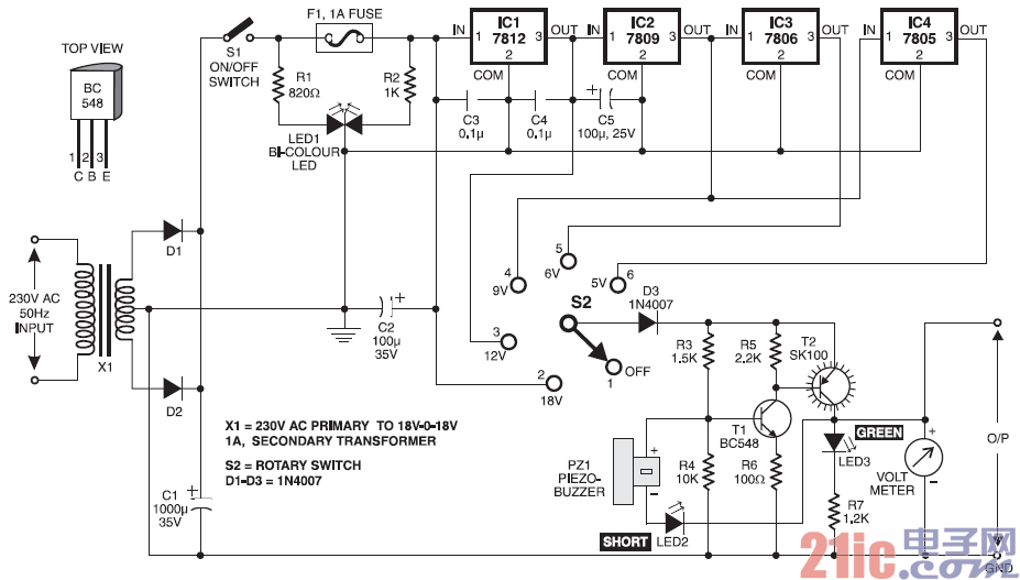 4輸出級（5V/6V/9V/12V）直流穩(wěn)壓電源電路圖