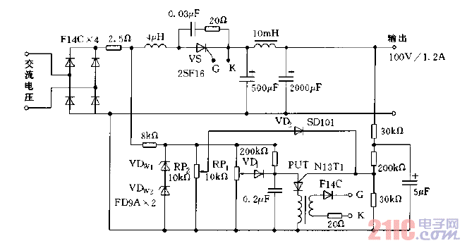 采用晶閘管構(gòu)成的輸出100V，1.2A的穩(wěn)壓電源電路圖.gif