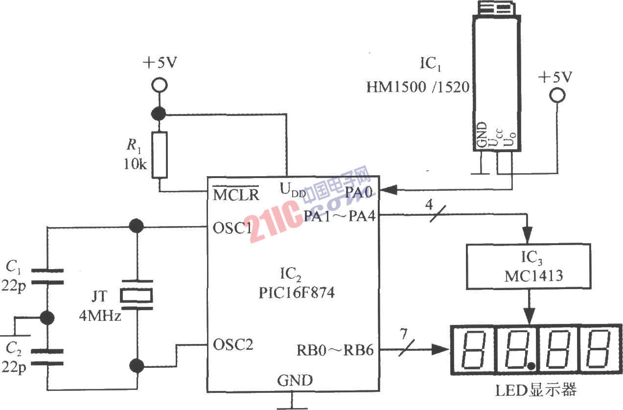 電壓輸出式集成濕度傳感器HM1500／1520和單片機(jī)構(gòu)成的智能濕度測(cè)量?jī)x電路