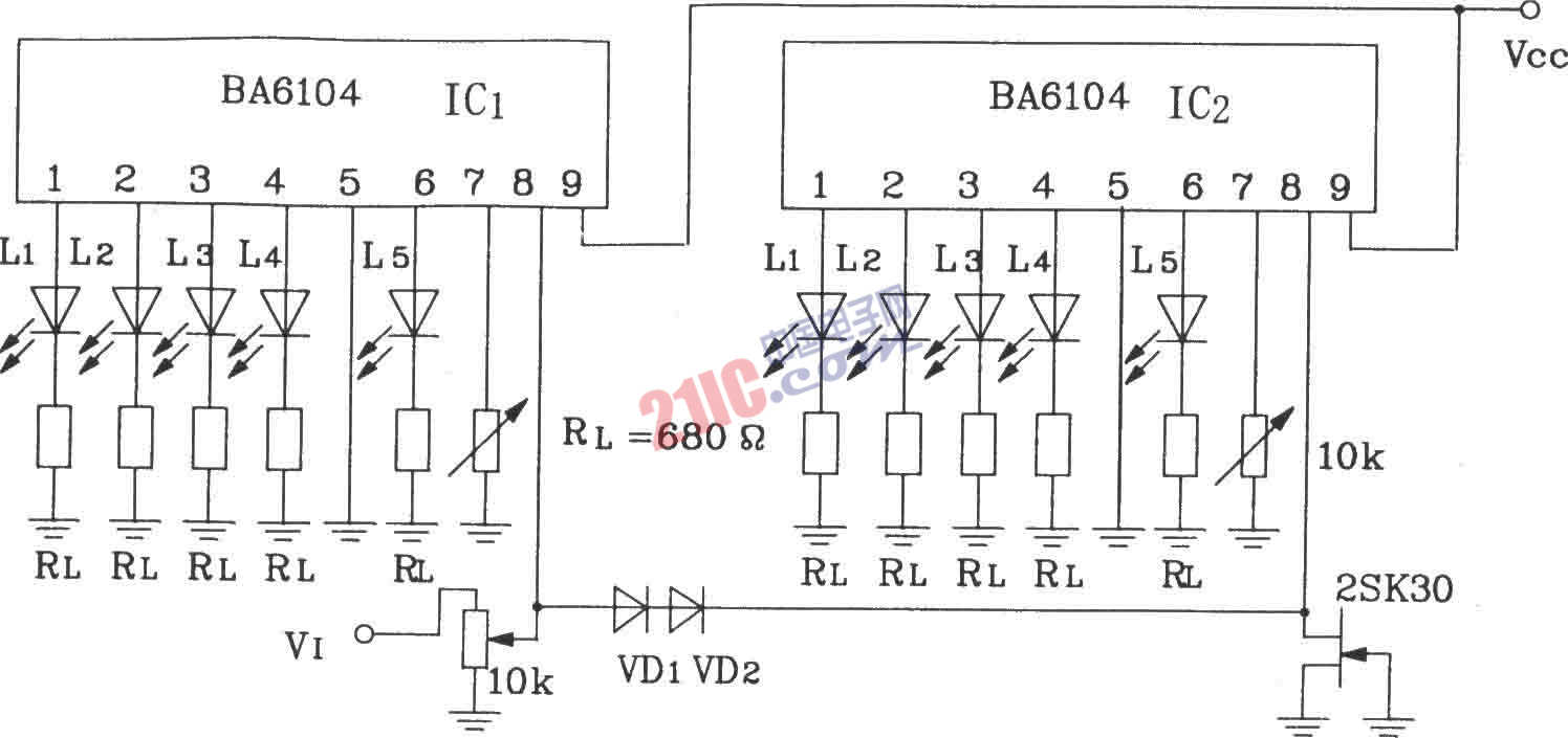 2塊BA6104五位LED電平表驅(qū)動集成電路構(gòu)成的10點(diǎn)LED電平顯示電路圖