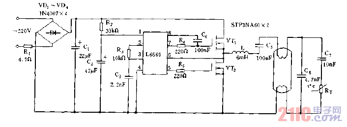 采用L6569構(gòu)成的電子鎮(zhèn)流器電路圖.gif