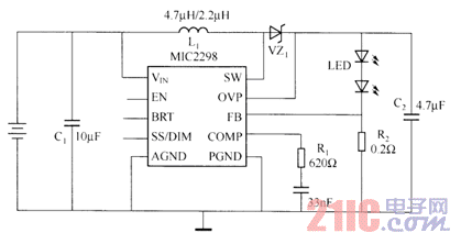 MIC2298構(gòu)成的驅(qū)動(dòng)LED電路圖.gif