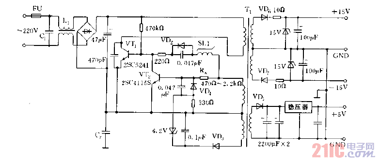 RCC部分諧振型間接控制電源電路圖.gif