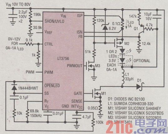 基于LT3756的80VIN降壓模式LED驅(qū)動(dòng)器電路圖