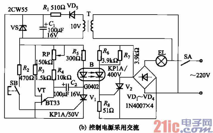 48.采用光耦合器的照明延時關(guān)燈電路b.gif