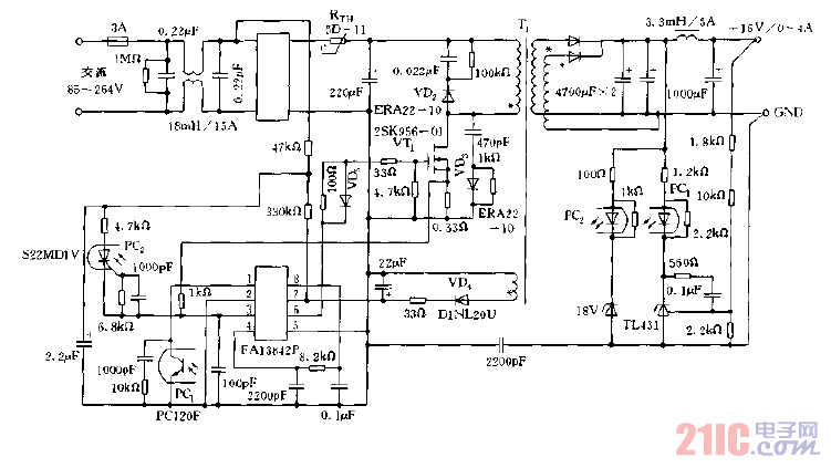 采用FAI3842P構成的開關電源電路圖.gif