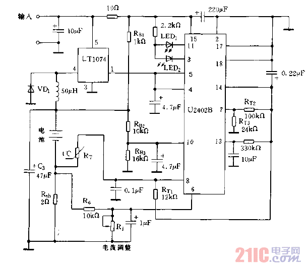 采用LT1074接成的降壓式開關電源給電池充電電路圖.gif