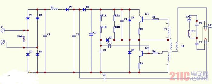 一款電子鎮(zhèn)流器電原理電路圖