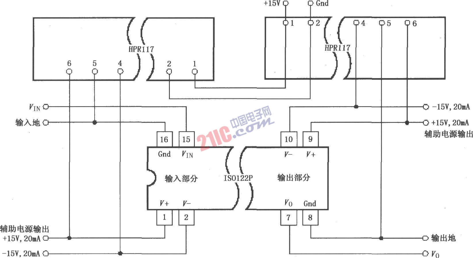 ISO122P／124具有三端口的電源隔離放大電路圖