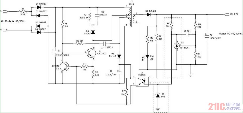 RCC 5V/400mA 開(kāi)關(guān)電源電路圖