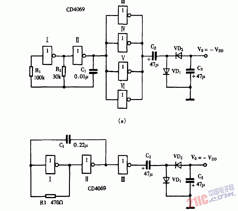 巧用CD4069作負(fù)電源發(fā)生器電路圖