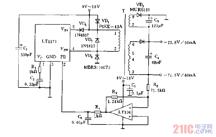 采用LT1171構(gòu)成的電流型回掃式電源電路圖.gif