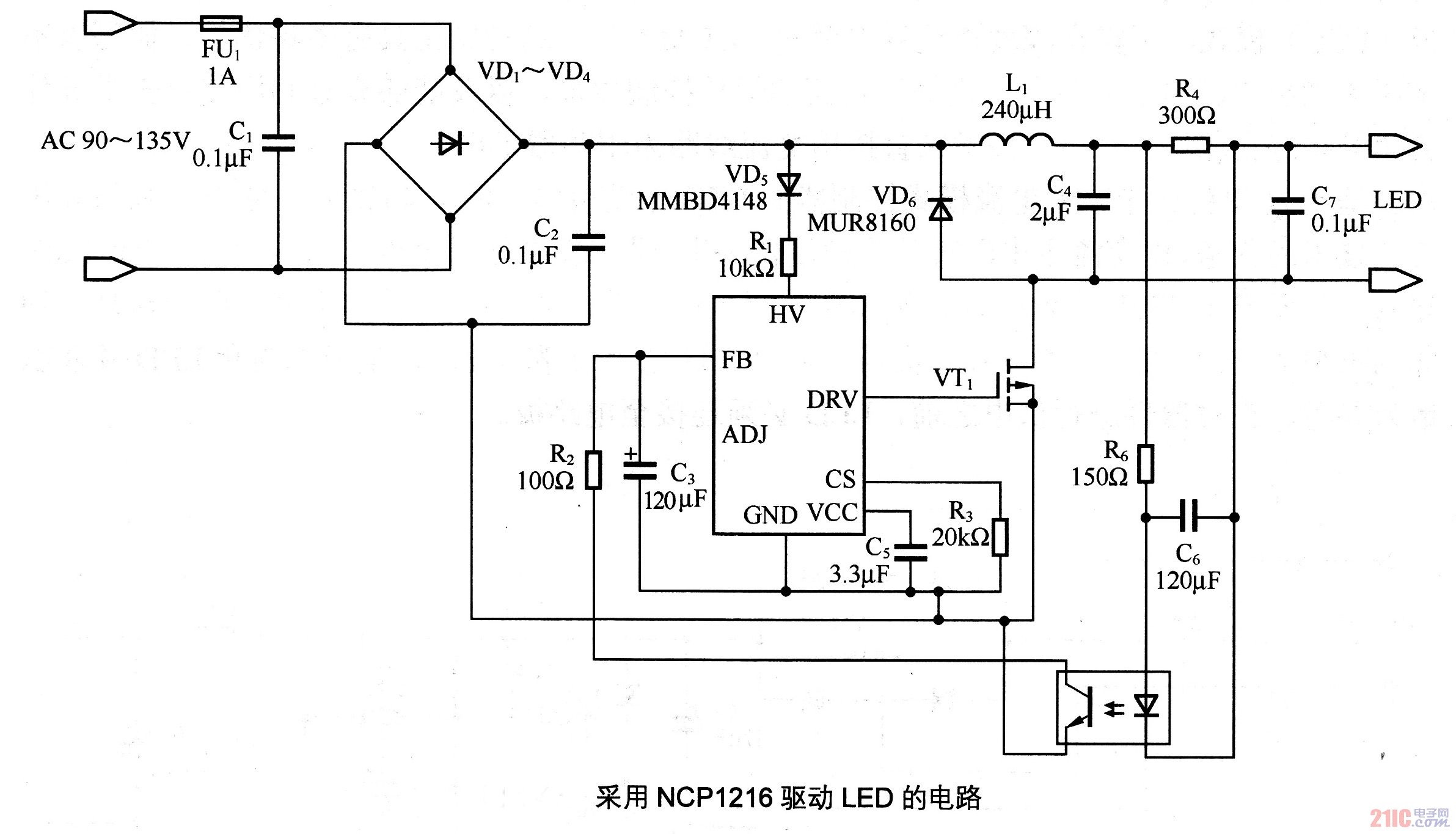 采用NCP1216驅(qū)動LED的電路.jpg