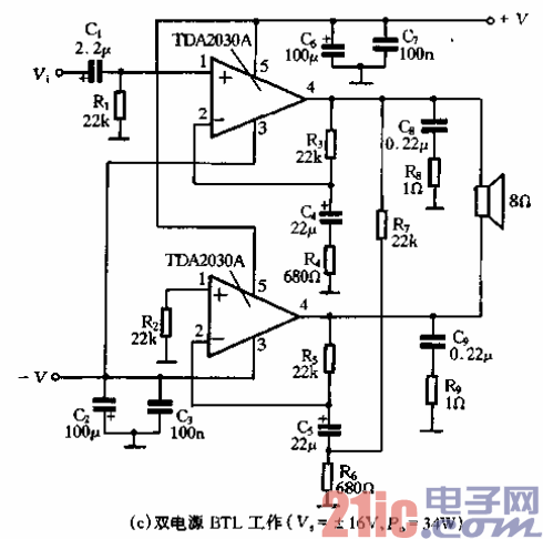 62.TDA2030A的應用電路-雙電源BTL工作.gif