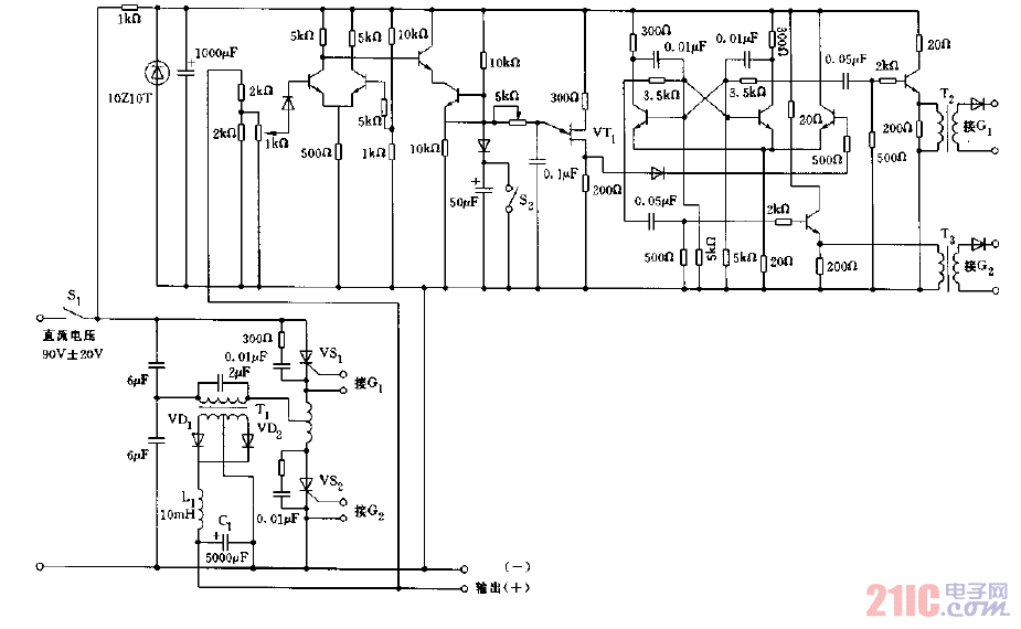 采用晶閘管構(gòu)成的輸出24V,8A的穩(wěn)壓電源電路圖.gif