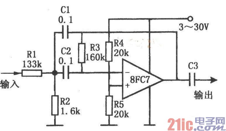 單電源低電壓帶通濾波器(8FC7)電路圖