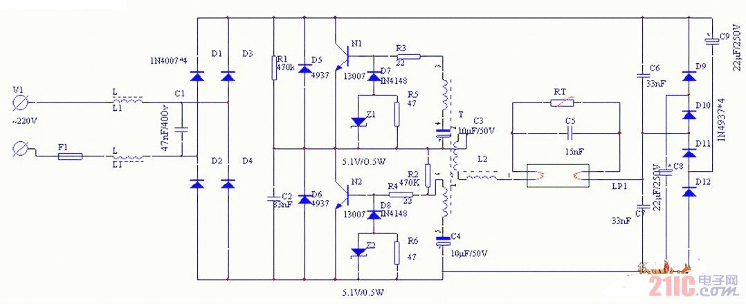 40W日光燈電子鎮(zhèn)流器電路圖.jpg