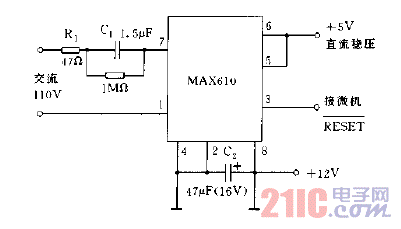 使用全波整流MAX610的5V，50MA電源電路圖.gif