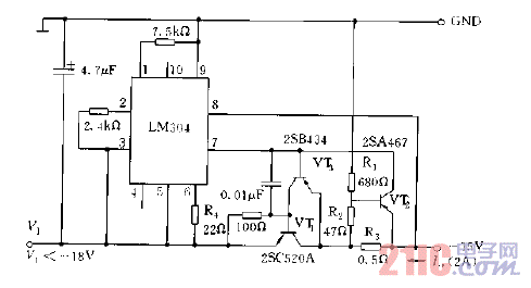 設(shè)有7字型過(guò)流保護(hù)回路的穩(wěn)壓電源電路圖.gif