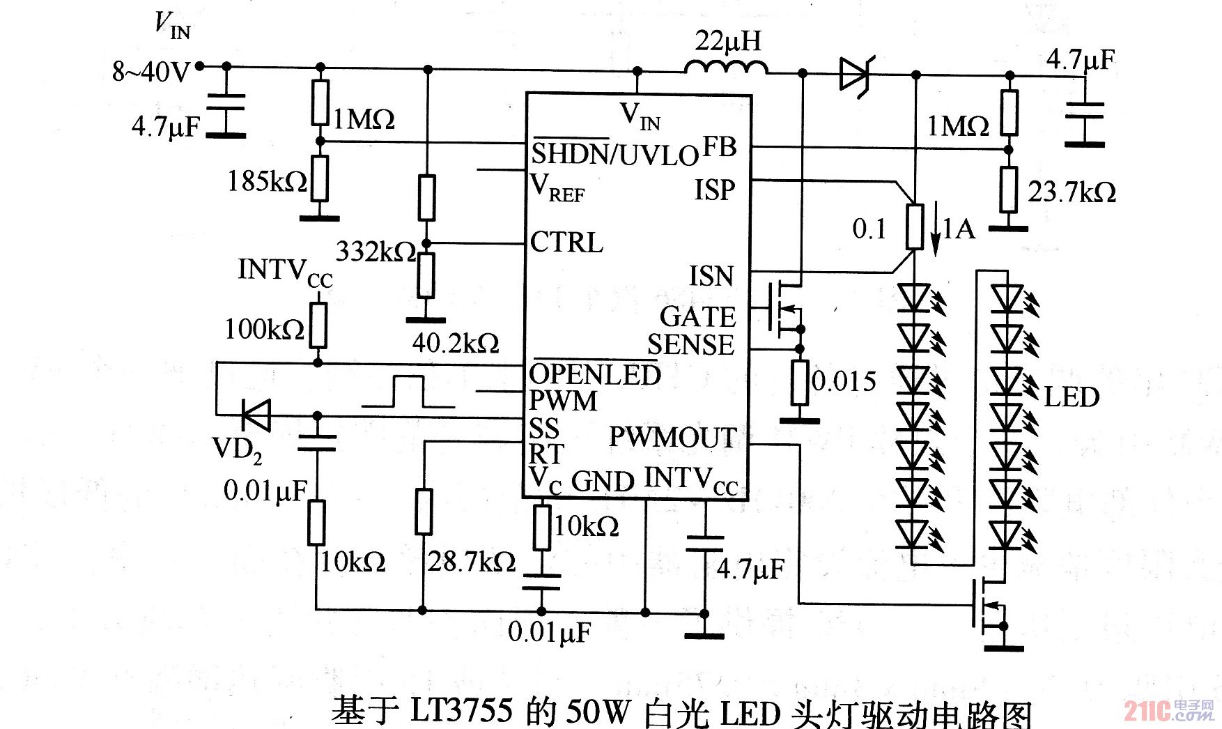 基于LT3755的50W白光LED頭燈驅(qū)動電路圖.jpg