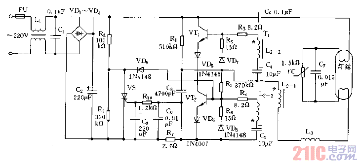 設(shè)有晶閘管保護的電子鎮(zhèn)流器電路圖.gif