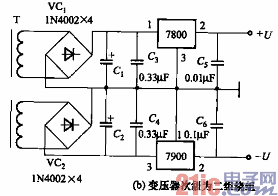 52.三端固定集成穩(wěn)定器雙極性穩(wěn)壓電源電路b.gif