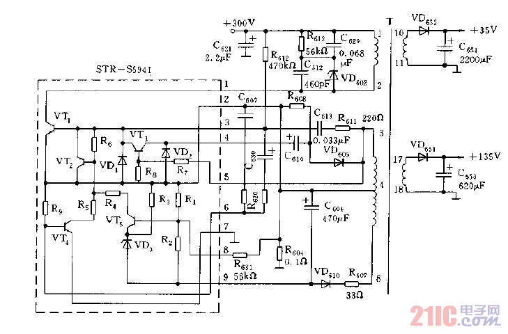 STR-S5941構(gòu)成的開關(guān)電源電路圖.gif