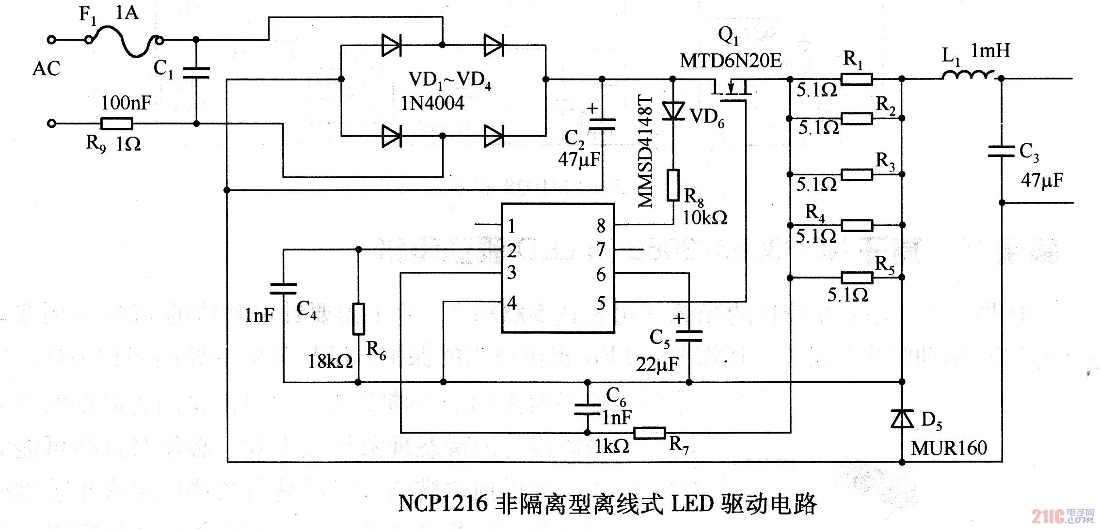 NCP1216非隔離型離線式LED驅(qū)動(dòng)電路<br />
.jpg
