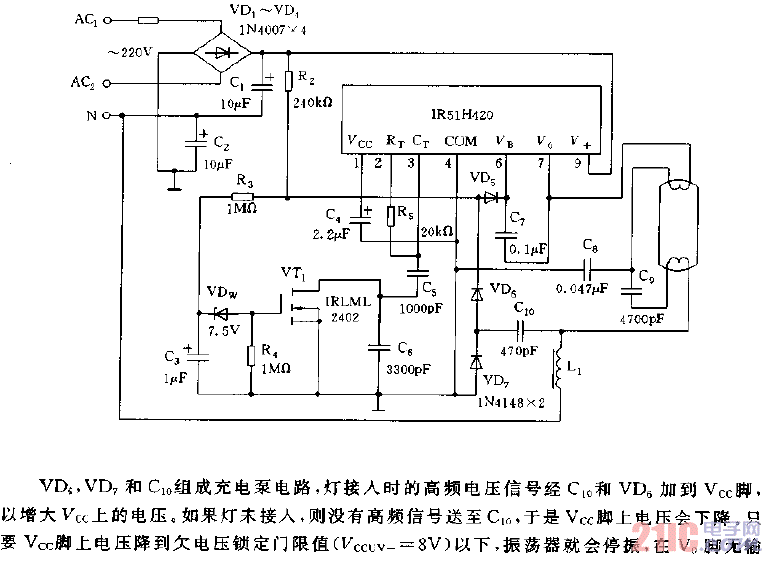 采用IR51H420構(gòu)成的高可靠性節(jié)能燈電子鎮(zhèn)流器電路圖.gif