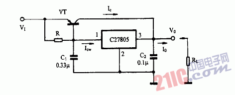 巧用CW7805作大電流輸出穩(wěn)壓電源電路圖