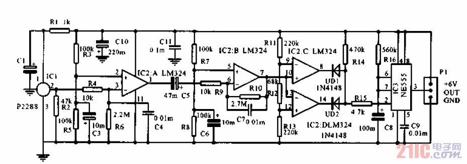 熱釋電紅外線傳感器在人體探測器中的應用電路.gif