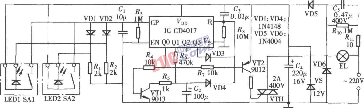  CD4017構(gòu)成的延時燈控制器電路