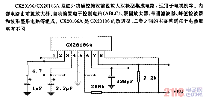 CX20106／CX20106A（電視機）紅外線遙控接收前置放大電路-直流特性測試電路.gif