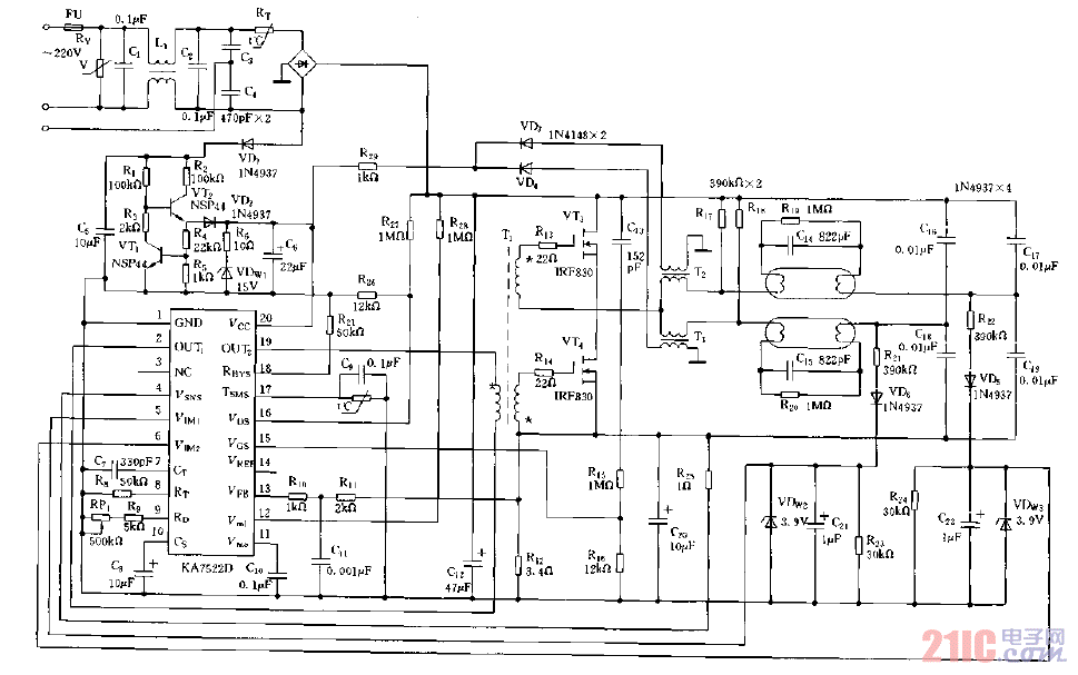 KA7522D芯片構(gòu)成的電子鎮(zhèn)流器電路.gif