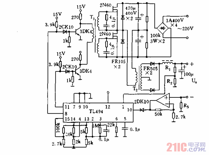 用TL494構(gòu)成的板橋式雙端開(kāi)關(guān)電源電路.gif