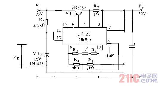 采用μA723構(gòu)成的浮動式可調(diào)穩(wěn)壓電源電路圖a.gif