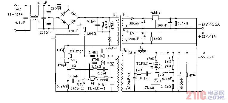 RCC方式實用開關(guān)穩(wěn)壓電源電路圖.gif