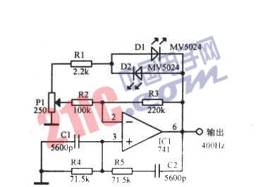 使用發(fā)光二極管和運(yùn)算放大器的400Hz正弦波電路圖