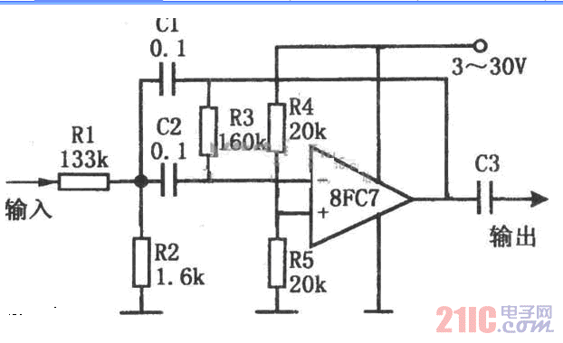 單電源運(yùn)放8FC7組成的帶通濾波器電路.gif