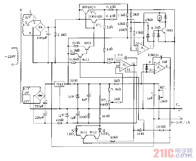 采用晶體管的穩(wěn)壓穩(wěn)流型直流電源電路圖.gif