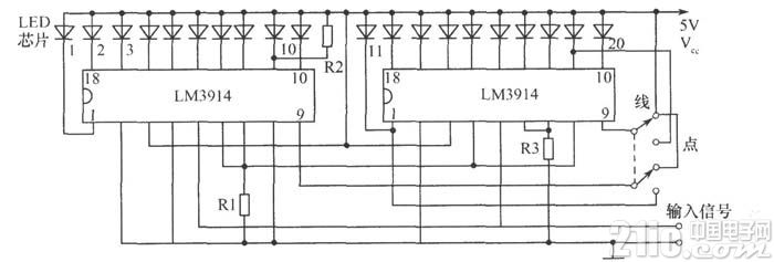LM3914驅動20條LED發(fā)光柱電路圖