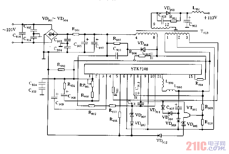 采用STK7308構(gòu)成的彩色顯示器開關(guān)電源電路圖.gif