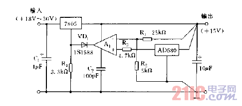 采用基準(zhǔn)穩(wěn)壓器AD580的高穩(wěn)壓電源電路圖.gif