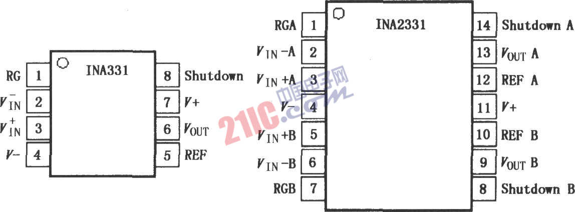 INA331／332低功率單電源CMOS儀表放大器引腳