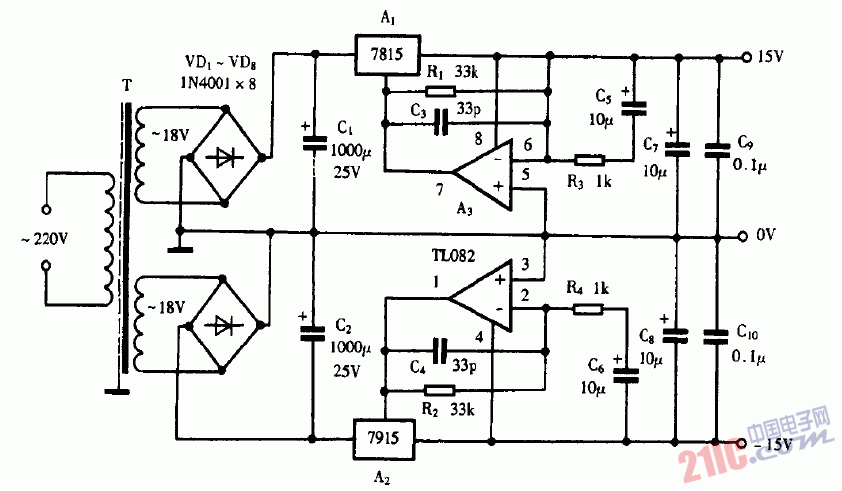 巧用TL082作高性能穩(wěn)壓電源電路圖