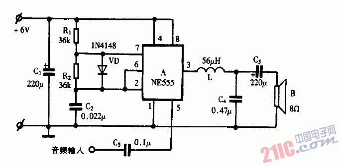 巧用NE555作音頻功率放大器電路圖