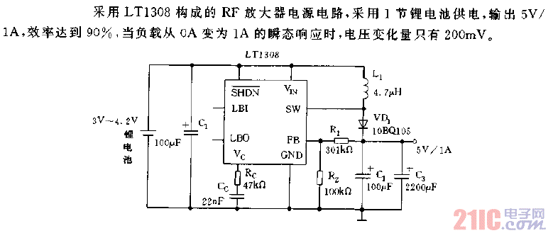 采用LT1308構(gòu)成的RF放大器電源電路圖.gif